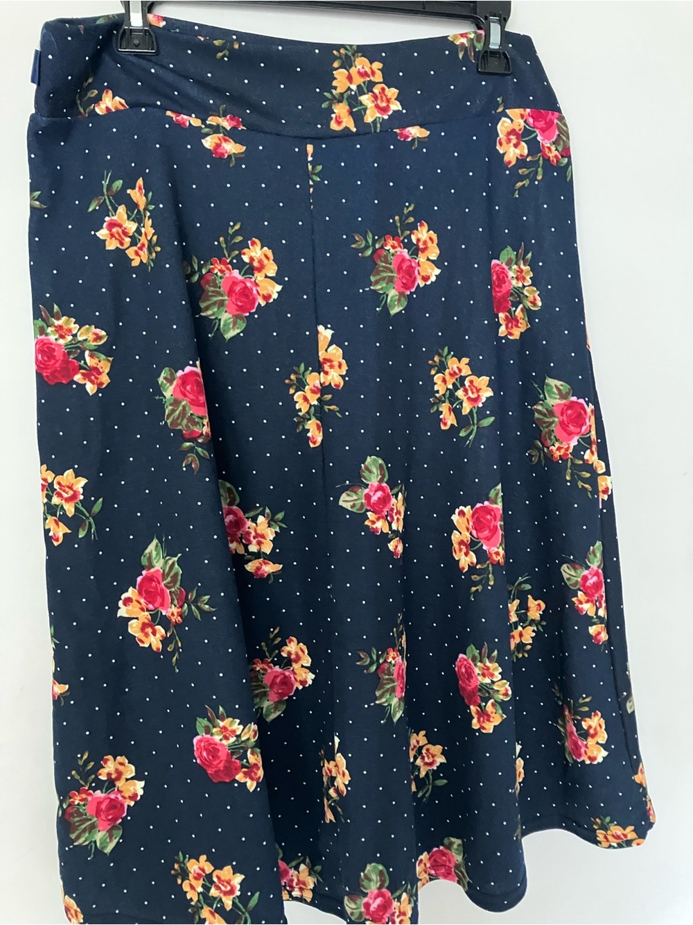 Navy Floral A-Line Skirt with Red & Yellow Roses